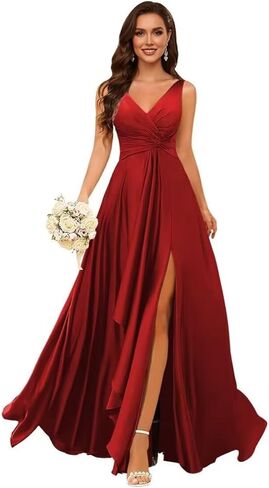 Satin Pleated Bridesmaid Dresses Long for Women V Neck Ruffle Formal Wedding Guest Dress with Slit in Saudi Arabia