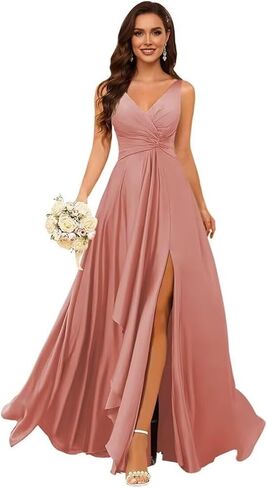 Satin Pleated Bridesmaid Dresses Long for Women V Neck Ruffle Formal Wedding Guest Dress with Slit in Saudi Arabia