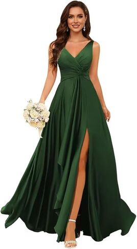 Satin Pleated Bridesmaid Dresses Long for Women V Neck Ruffle Formal Wedding Guest Dress with Slit in Saudi Arabia