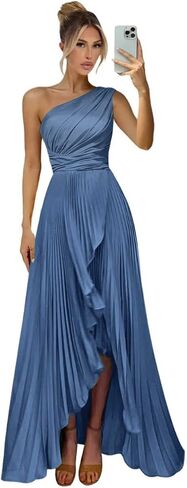 Women's One Shoulder Satin Bridesmaid Dresses Long High Low Pleated Corset Prom Dress 2026 in Kuwait