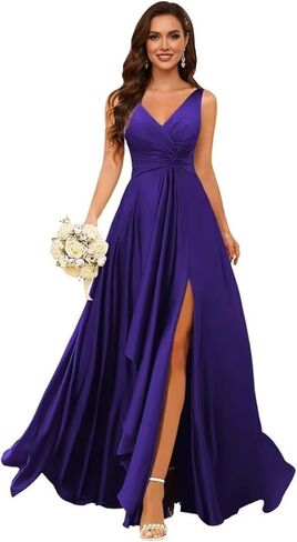 Satin Pleated Bridesmaid Dresses Long for Women V Neck Ruffle Formal Wedding Guest Dress with Slit in Saudi Arabia