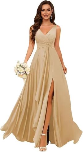 Satin Pleated Bridesmaid Dresses Long for Women V Neck Ruffle Formal Wedding Guest Dress with Slit in Saudi Arabia