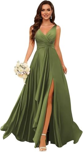 Satin Pleated Bridesmaid Dresses Long for Women V Neck Ruffle Formal Wedding Guest Dress with Slit in Saudi Arabia