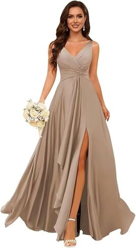Satin Pleated Bridesmaid Dresses Long for Women V Neck Ruffle Formal Wedding Guest Dress with Slit in Saudi Arabia
