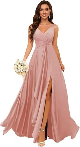 Satin Pleated Bridesmaid Dresses Long for Women V Neck Ruffle Formal Wedding Guest Dress with Slit in Saudi Arabia