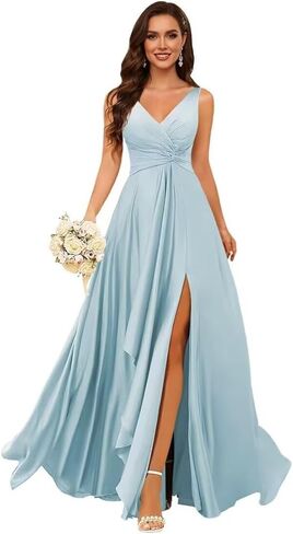 Satin Pleated Bridesmaid Dresses Long for Women V Neck Ruffle Formal Wedding Guest Dress with Slit in Saudi Arabia