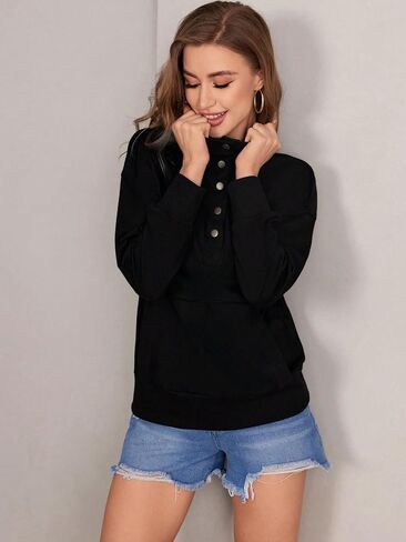 Women's Half Button Long Sleeve Sweatshirt Kangaroo Pockets Pullover Tops in Saudi Arabia