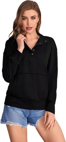 Women's Half Button Long Sleeve Sweatshirt Kangaroo Pockets Pullover Tops in Saudi Arabia