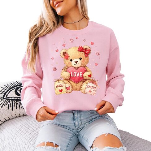 Love Teddy Bear Sweatshirt for Women – Cute Valentine Bear Graphic Pullover with Hugs & Kisses in Saudi Arabia
