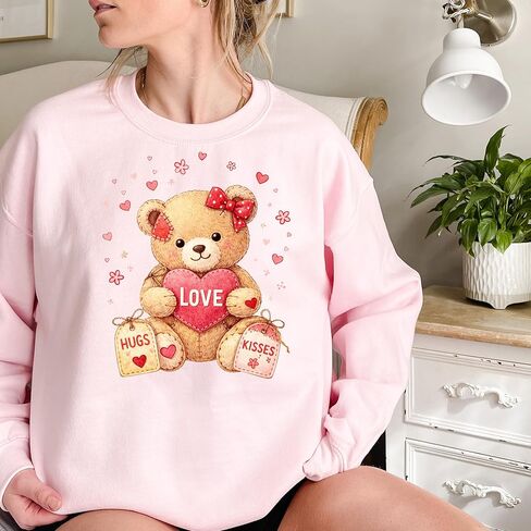 Love Teddy Bear Sweatshirt for Women – Cute Valentine Bear Graphic Pullover with Hugs & Kisses in Saudi Arabia