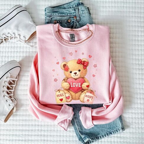 Love Teddy Bear Sweatshirt for Women – Cute Valentine Bear Graphic Pullover with Hugs & Kisses in Saudi Arabia