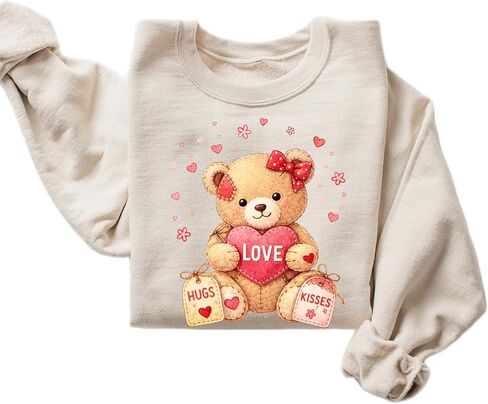 Love Teddy Bear Sweatshirt for Women – Cute Valentine Bear Graphic Pullover with Hugs & Kisses in Saudi Arabia