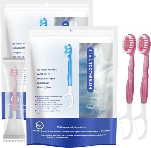 5 in 1 Mini Brushes-Disposable Toothbrushes with Toothpaste + Floss + Pick + Tongue Scraper | Travel Size | Individually Wrapped | Soft | Mint | Travel Set (Mint, 26 pcs) in Saudi Arabia