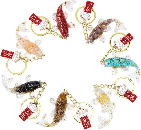 SUPERFINDINGS 7Pcs Koi Fish Keychain Fengshui Keyring Goldfish Bag Pendant Resin Charm with Natural and Synthetic Gemstone and Lampwork Inside Keychain for Party Wedding Christmas Favors Gifts in Saudi Arabia