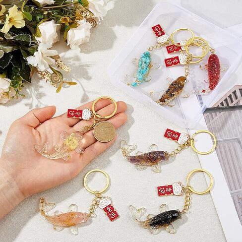 SUPERFINDINGS 7Pcs Koi Fish Keychain Fengshui Keyring Goldfish Bag Pendant Resin Charm with Natural and Synthetic Gemstone and Lampwork Inside Keychain for Party Wedding Christmas Favors Gifts in Saudi Arabia