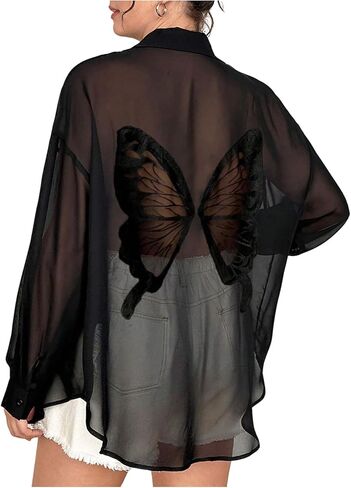 Floerns Women's Plus Size Butterfly Print Blouses Chiffon Sheer Back Embroidered Blouses in Saudi Arabia