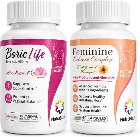 تحاميل NutraBlast حمض البوريك المهبلية 600 ملجم (30 قطعة) مع مركب التوازن الأنثوي (60 كبسولة) | التخلص من السموم والتطهير المهبلي | يدعم صحة الأمعاء والجهاز المناعي in Kuwait