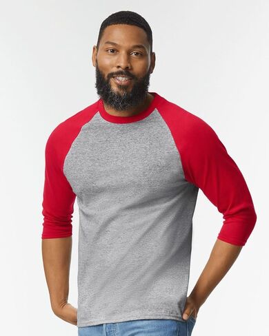 Gildan Heavy Cotton 3/4 Raglan Sleeve T-Shirt, 5.3 oz 100% US Cotton, Classic Fit (US, Alpha, Large, Regular, Regular, Grey/Red) in Saudi Arabia
