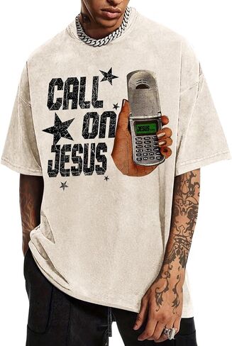 Christian Call On Jesus Shirts for Men Funny Graphic Tees Oversized Religious Shirt Jesus Faith Acid Wash Tshirt in Kuwait