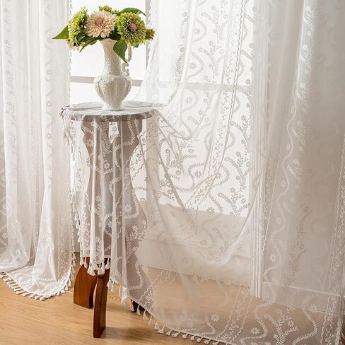 White Lace Curtains 63" - French Cottage Boho Sheer Panels with Floral Tassel Rod Pocket, Thin Light Filtering Drapes for Bedroom,Living Room,Privacy Transparent (Set of 2, 52" W x 63" L) in Kuwait