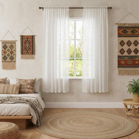 White Lace Curtains 63" - French Cottage Boho Sheer Panels with Floral Tassel Rod Pocket, Thin Light Filtering Drapes for Bedroom,Living Room,Privacy Transparent (Set of 2, 52" W x 63" L) in Kuwait