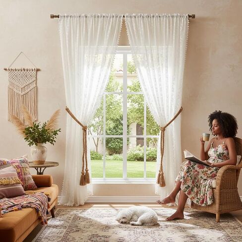 White Lace Curtains 63" - French Cottage Boho Sheer Panels with Floral Tassel Rod Pocket, Thin Light Filtering Drapes for Bedroom,Living Room,Privacy Transparent (Set of 2, 52" W x 63" L) in Kuwait