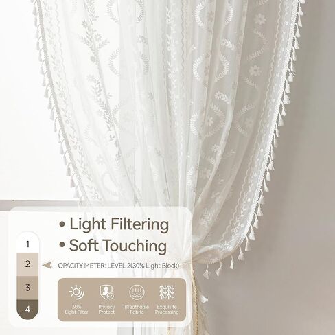 White Lace Curtains 63" - French Cottage Boho Sheer Panels with Floral Tassel Rod Pocket, Thin Light Filtering Drapes for Bedroom,Living Room,Privacy Transparent (Set of 2, 52" W x 63" L) in Kuwait