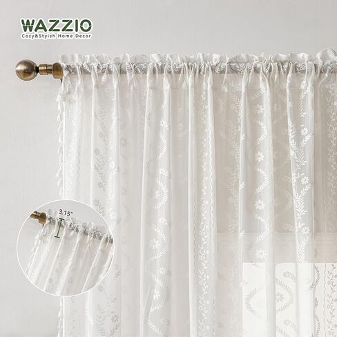White Lace Curtains 63" - French Cottage Boho Sheer Panels with Floral Tassel Rod Pocket, Thin Light Filtering Drapes for Bedroom,Living Room,Privacy Transparent (Set of 2, 52" W x 63" L) in Kuwait