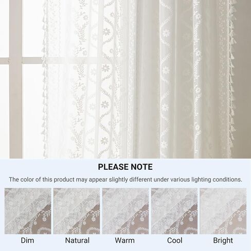 White Lace Curtains 63" - French Cottage Boho Sheer Panels with Floral Tassel Rod Pocket, Thin Light Filtering Drapes for Bedroom,Living Room,Privacy Transparent (Set of 2, 52" W x 63" L) in Kuwait
