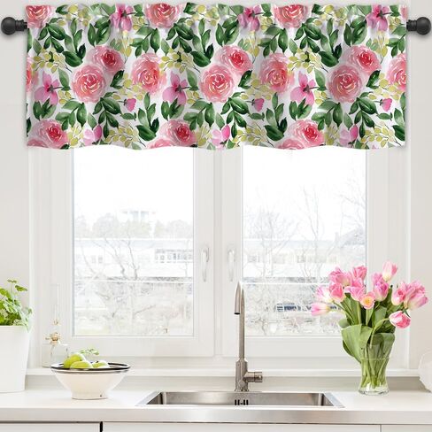 ستائر المطبخ الربيعية للنوافذ، ستائر المطبخ على شكل طيور الزهور، ستائر معالجة النوافذ بجيب قضيب لغرفة النوم وغرفة المعيشة والحمام 54 بوصة عرض × 18 بوصة طول، لوحة واحدة in Kuwait