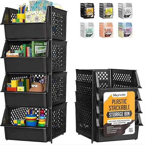 Skywin TidyFriend Stackable Storage Bins for Pantry, 4 Pack Stackable Bins For Organizing Food, Kitchen, and Bathroom Essentials (Black) in Kuwait