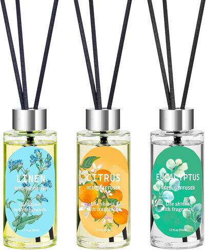 مجموعة ناشرات روائح القصب مكونة من 3 قطع، ناشرات زيوت برائحة الأوكالبتوس والكتان والحمضيات مع 15 قصبة، عطر منزلي طويل الأمد لديكور غرفة النوم والحمام، 1.7 أونصة سائلة لكل منها، إجمالي 5.1 أونصة in Kuwait