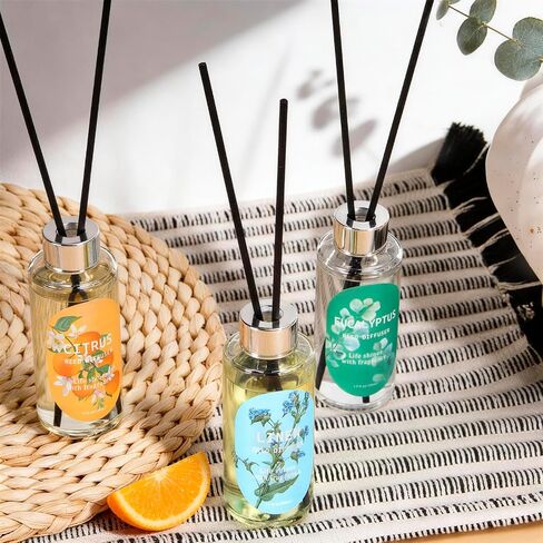 مجموعة ناشرات روائح القصب مكونة من 3 قطع، ناشرات زيوت برائحة الأوكالبتوس والكتان والحمضيات مع 15 قصبة، عطر منزلي طويل الأمد لديكور غرفة النوم والحمام، 1.7 أونصة سائلة لكل منها، إجمالي 5.1 أونصة in Kuwait