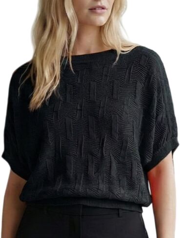 Women Batwing Sleeve Wave Pattern Cropped Knit Top, Trendy Casual Short Sleeve Shirt, Cowl Neck Pullover Sweater in Saudi Arabia