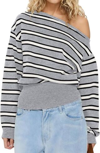 BAIGRAM Women Y2K One Off Shoulder Crop Sweater Vintage Striped Long Sleeve Asymmetric Knit Pullover Preppy Tops Fall Outfits in Kuwait