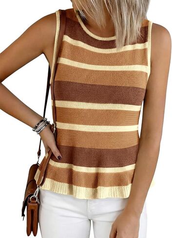 Cicy Bell Womens Striped Sweater Vest Summer Casual Sleeveless Ruffle Knit Tank Tops Crew Neck Lightweight Shirts in Saudi Arabia