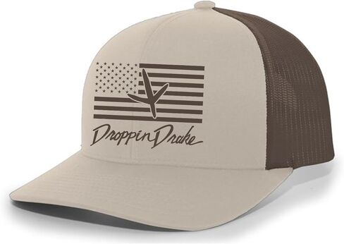 Mens Droppin Drake Turkey Footprint on American Flag Southern Hunting Mens Embroidered Mesh Back Trucker Hat in Saudi Arabia