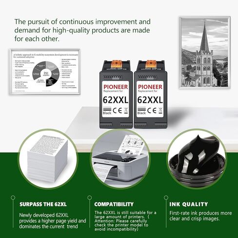 خراطيش حبر 62XXL بديلة للحبر 62، 62xl خراطيش الحبر الأسود المتوافقة مع Envy 5540 7640 5640 5660 7644 7645 7643 OfficeJet 5740 8040 5745 (2 أسود) in Kuwait