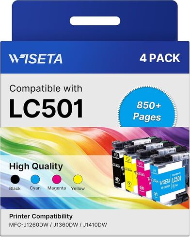 Wiseta LC501 Ink Cartridges Replacement for Brother LC501 XL Ink Cartridges High Yield MFC-J1360DW Ink Cartridge for Brother Work Smart MFC-J1360DW MFC-J1410DW MFC-J1260W, 4 Pack in Kuwait
