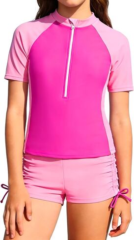 Girls 2 Piece Rash Guard Swimsuit Short Sleeve Padded Zipper Shirt with Ruched Drawstring Shorts 7-16Y in Kuwait