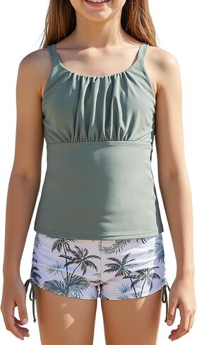 2-Piece Girls Tankini Swimsuit with Drawstring Shorts, Printed Bathing Suit for Teens, Size 7-16 Years in Kuwait
