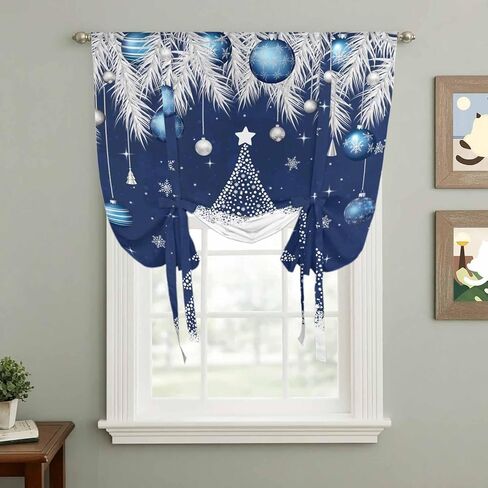 Navy Blue Christmas Tree Tie Up Curtains for Window, Xmas Balls Pine Needles Snowflake Thermal Balloon Shade Adjustable Rod Pocket Curtains Valance Panels for Kitchen Bathroom Café 52'' x 63'' in Saudi Arabia