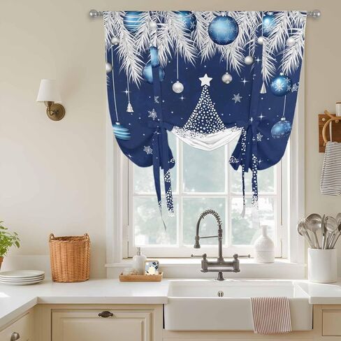 Navy Blue Christmas Tree Tie Up Curtains for Window, Xmas Balls Pine Needles Snowflake Thermal Balloon Shade Adjustable Rod Pocket Curtains Valance Panels for Kitchen Bathroom Café 52'' x 63'' in Saudi Arabia