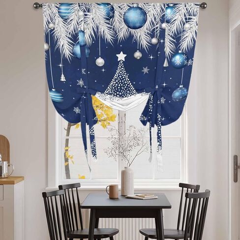 Navy Blue Christmas Tree Tie Up Curtains for Window, Xmas Balls Pine Needles Snowflake Thermal Balloon Shade Adjustable Rod Pocket Curtains Valance Panels for Kitchen Bathroom Café 52'' x 63'' in Saudi Arabia