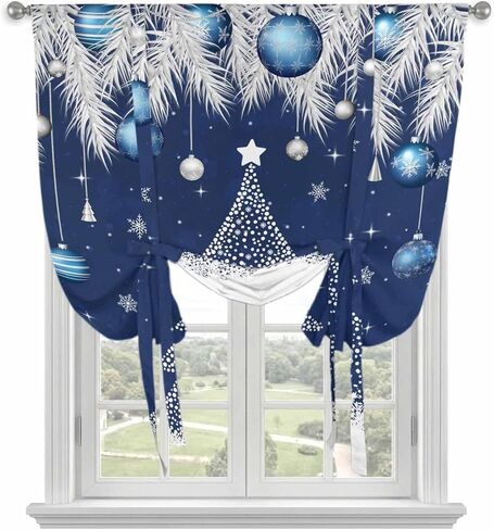 Navy Blue Christmas Tree Tie Up Curtains for Window, Xmas Balls Pine Needles Snowflake Thermal Balloon Shade Adjustable Rod Pocket Curtains Valance Panels for Kitchen Bathroom Café 52'' x 63'' in Saudi Arabia