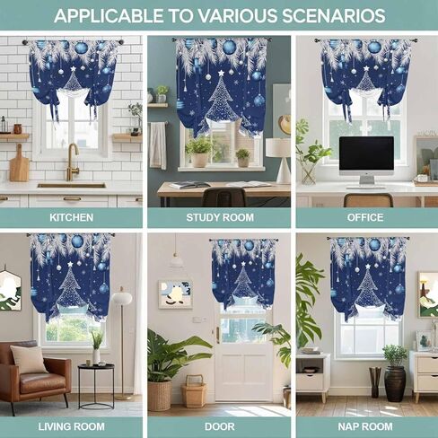 Navy Blue Christmas Tree Tie Up Curtains for Window, Xmas Balls Pine Needles Snowflake Thermal Balloon Shade Adjustable Rod Pocket Curtains Valance Panels for Kitchen Bathroom Café 52'' x 63'' in Saudi Arabia