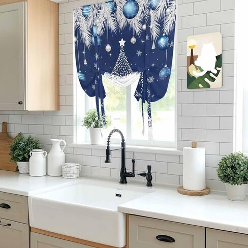 Navy Blue Christmas Tree Tie Up Curtains for Window, Xmas Balls Pine Needles Snowflake Thermal Balloon Shade Adjustable Rod Pocket Curtains Valance Panels for Kitchen Bathroom Café 52'' x 63'' in Saudi Arabia