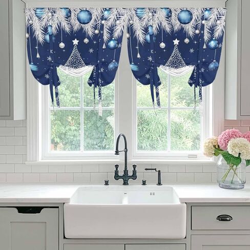 Navy Blue Christmas Tree Tie Up Curtains for Window, Xmas Balls Pine Needles Snowflake Thermal Balloon Shade Adjustable Rod Pocket Curtains Valance Panels for Kitchen Bathroom Café 52'' x 63'' in Saudi Arabia