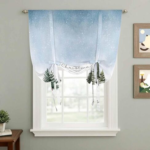 Christmas Tree Tie Up Curtains for Window, Xmas Snowflake Botanical Winter Thermal Insulated Balloon Shade Adjustable Rod Pocket Curtains Valance Panels for Kitchen Bathroom Café 42'' x 63'' in Saudi Arabia