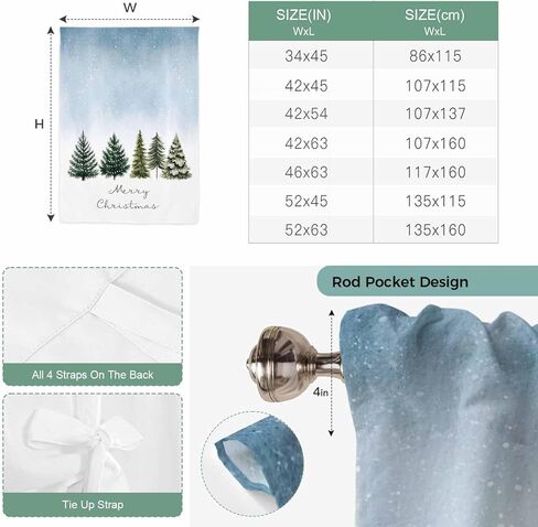 Christmas Tree Tie Up Curtains for Window, Xmas Snowflake Botanical Winter Thermal Insulated Balloon Shade Adjustable Rod Pocket Curtains Valance Panels for Kitchen Bathroom Café 42'' x 63'' in Saudi Arabia